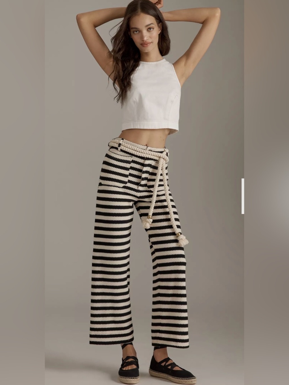 Maeve Black & Cream Striped Wide-Leg Knit Pants with Rope Belt